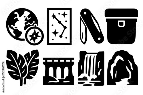Explorer silhouette set: globe with compass, star map, pocket knife, binocular case, jungle leaves, bridge, waterfall, cave.