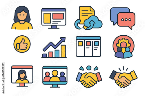 Virtual Collaboration Icons flat icons: avatars, digital workspace, shared document, cloud sync, chat panel, reaction emoji, progress chart, task board, teamwork badge, online