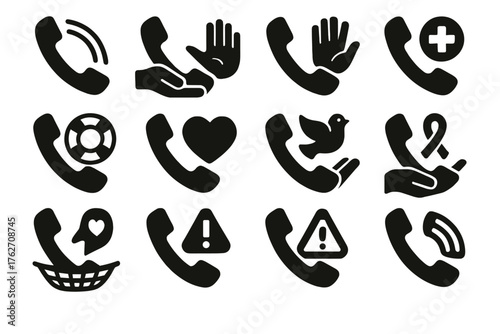 Crisis Line Icons silhouette set: lifeline phone, rescue phone, hotline hand, help phone, counseling hotline, urgent support phone, phone with lifebuoy, phone with heart, hotline