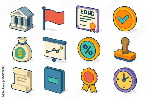 Government Bonds Collection flat isometric set: courthouse, flag, bond certificate, official seal, treasury bag, timeline chart, interest icon, approval stamp, paper scroll, report