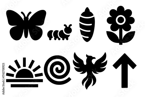 Transformation silhouette set: butterfly, caterpillar, chrysalis, blooming flower, rising sun, spiral, phoenix, upward arrow.