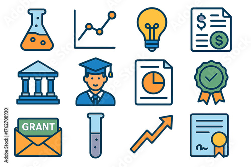 Research & Innovation Grants flat icons: laboratory flask, data graph, idea bulb, funding document, university building, scholar avatar, report paper, approval badge, growth arrow,