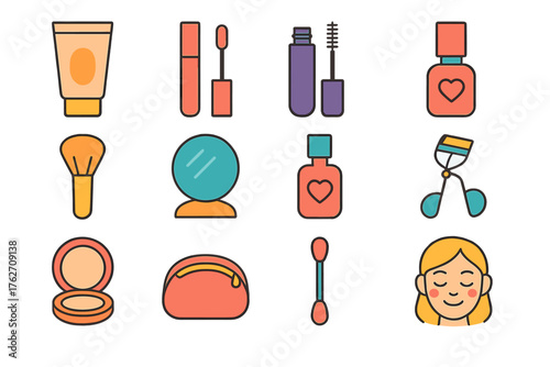 Minimal Makeup Symbols flat icons: tinted moisturizer, lip gloss, mascara, brow pencil, natural brush, mirror, blush tint, eyelash curler, light powder, makeup pouch, cotton swab,