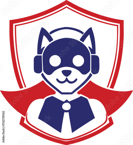 Super dog mascot with mask and cape in a shield embodies powerful protection and rapid support services