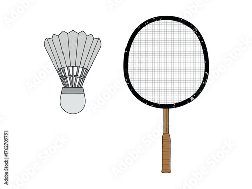 A single badminton shuttlecock and racket are depicted, with the shuttlecock isolated on a white background for this sport equipment design