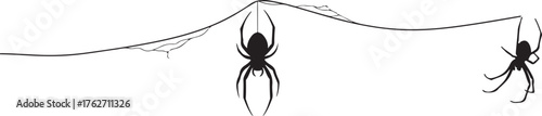 Black Spiders Hanging and Crawling on Web Line Halloween Vector Art