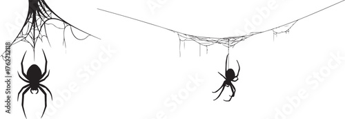Minimalist Black Spider and Cobweb Silhouettes Graphic Design Elements