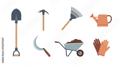 set farming tools with shovel, hoe, rake, watering can, sickle, wheelbarrow, and gloves for agriculture and gardening