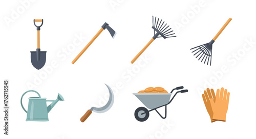 set farming tools vector with shovel, hoe, rake, watering can, sickle, wheelbarrow, and gloves for agriculture and gardening