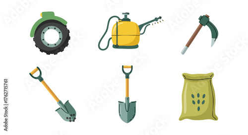 agriculture tools vector set with shovel, hoe, sprayer, seed bag, and tractor wheel illustration