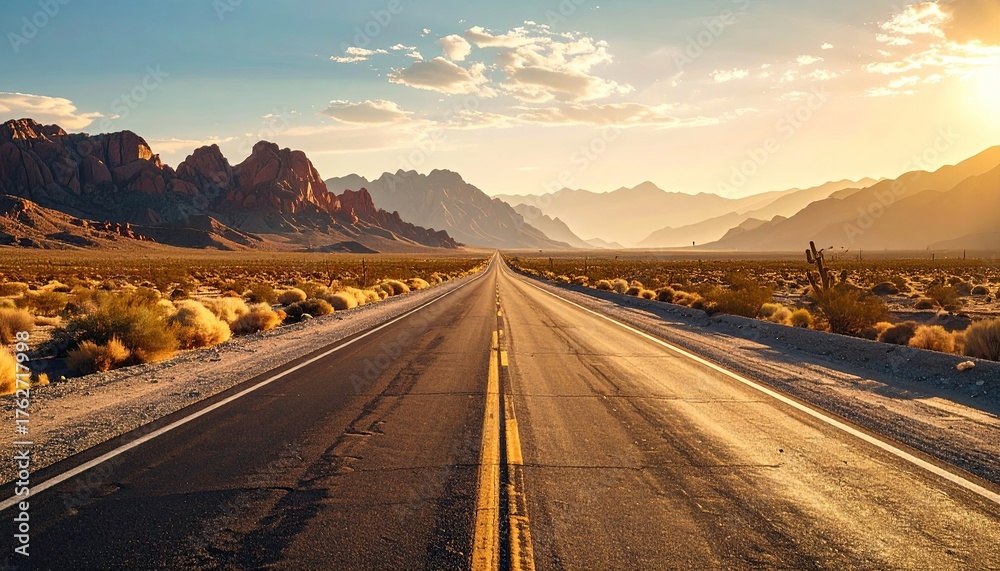 Fototapeta premium Vast Desert Landscape With a Straight Asphalt Road Leading Towards Distant Mountains Under a Bright Golden Sunset Sky