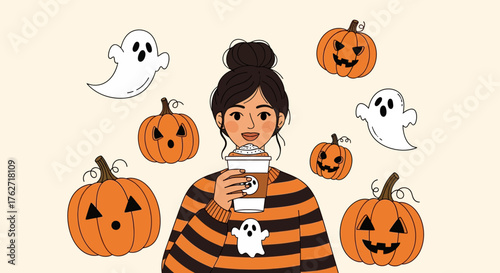 Woman with Halloween Spirit Enjoying Coffee Surrounded by Pumpkins and Ghosts.