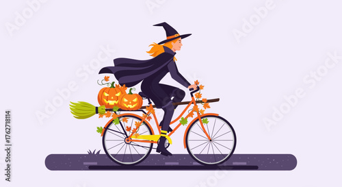 Witch rides bicycle with pumpkins and broomstick for Halloween celebration.