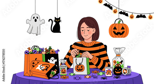 Woman preparing Halloween treats and decorations on a purple table.