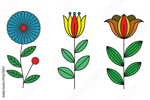 Vibrant Stylized Flowers with Stems and Leaves Color Vector Illustration Set