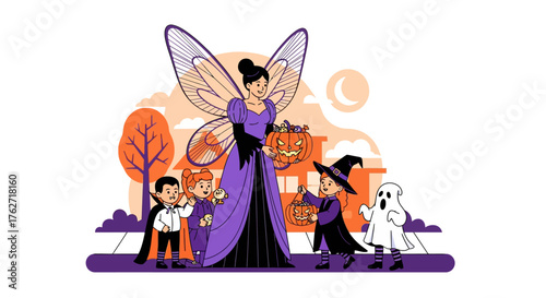 Halloween Fairy with Children in Costumes Celebrating the Holiday.
