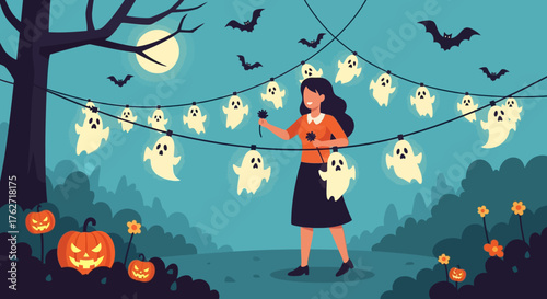 Woman Decorating for Halloween with Ghost Lights.