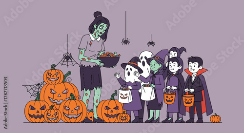 Children in Halloween costumes trick-or-treating from a zombie woman.