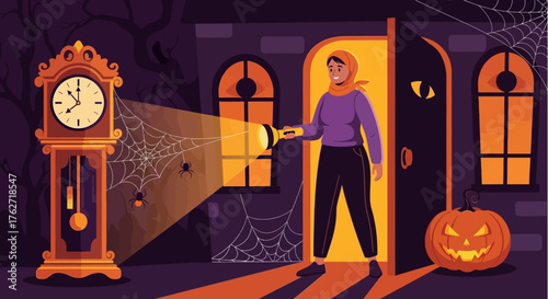 Person with flashlight exploring a spooky house during Halloween.