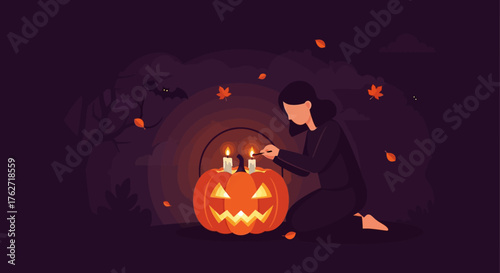 Woman Lights Candles in Halloween Pumpkin Carving.