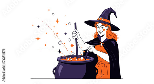 Young witch stirring a magical potion in a cauldron.