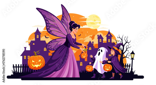 Fairy giving candy to children in Halloween costumes.