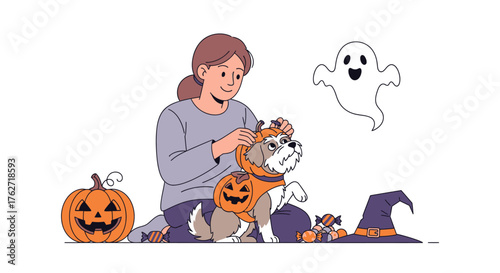 Woman and dog celebrating Halloween with costumes and decorations.