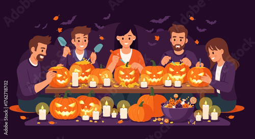 Family carving pumpkins together for Halloween celebration joyful and festive.