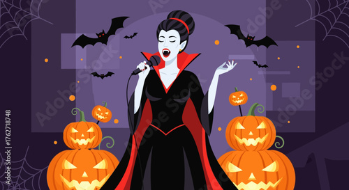Vampire Woman Singing Halloween Party Celebration.