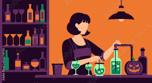 Bartender preparing Halloween themed drinks at a bar.
