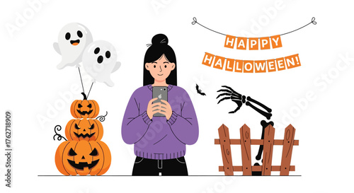 Young Woman Holding Smartphone Surrounded by Halloween Decorations.