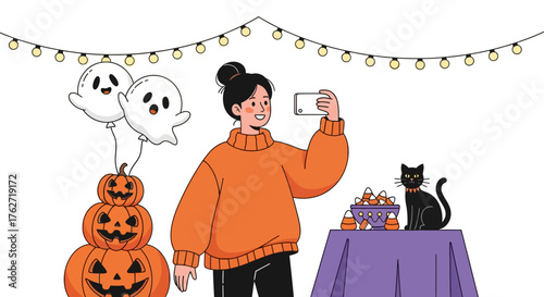 Woman taking photo of Halloween decorations with a black cat.