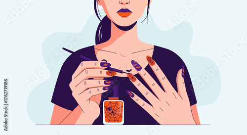 Woman applying nail polish to her nails with focus and precision.