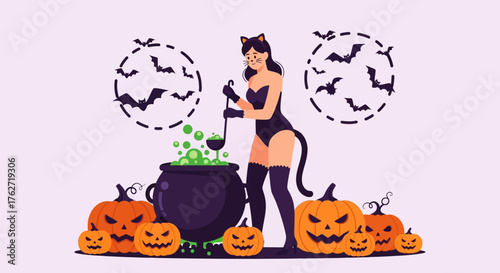 Halloween Cat Woman Brewing Potion with Pumpkins.