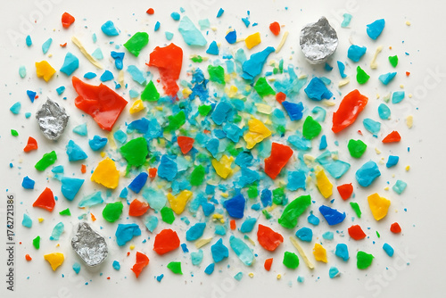 Colorful abstract composition made of recycled plastic and aluminum fragments arranged on a white background. Artistic top-down view representing sustainability, recycling, and creative reuse.
