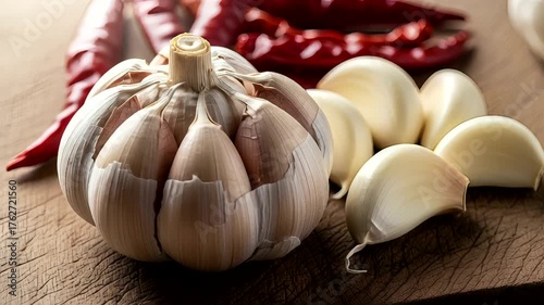 Fresh garlic and red chilies on a wooden cutting board, ready for cooking