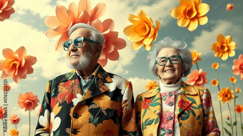 Fototapeta premium Happy elderly married couple laughing merrily on the background of bright summer flowers and clouds