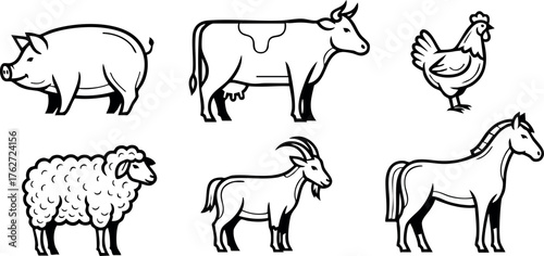 Farm animals vector set including pig cow chicken sheep goat horse natural design elements for agriculture and farming