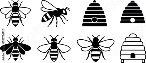 Bee and Beehive Icons Set Vector with Simple Black Silhouettes for Nature and Insect Design Elements