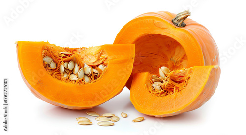 Fresh pumpkin cut in half and slices isolated on white background