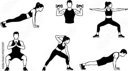 Fitness workout exercises for strength and flexibility with dumbbells and bodyweight training vector illustration