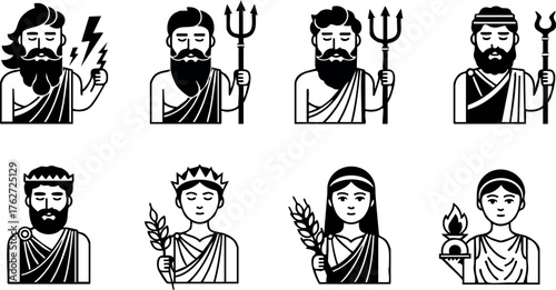 Greek gods and goddesses vector icons featuring Zeus, Poseidon, Hades, Hestia, Demeter, Persephone, and classical mythological figures in black and white style