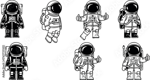 Set of astronauts in spacesuits with thumbs up and standing poses vector illustration