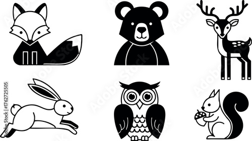 Forest animals vector set including fox, bear, deer, rabbit, owl, and squirrel in simple black icons for nature designs