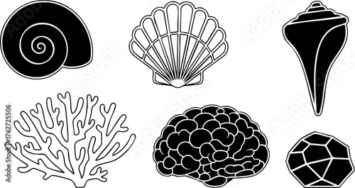 Marine shell and coral vector icons set with diverse ocean shapes and patterns for underwater design and decoration purposes