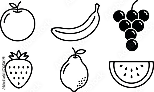 Fruit icons vector set with apple banana grapes strawberry lemon and watermelon simple black outline design
