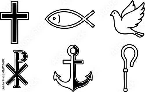 Christian symbols cross fish dove anchor shepherd staff vector set in black outline style for religious design and faith concepts