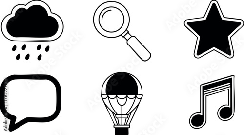 Set of black simple vector icons including cloud rain, magnifying glass, star, speech bubble, hot air balloon, and music note symbols