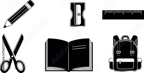 School supplies set including pencil, sharpener, ruler, scissors, open book, and backpack vector icons in black and white