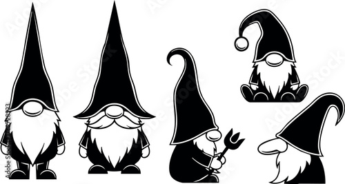 Set of five garden gnomes with tall pointed hats in black and white vector design for decoration and fantasy themes